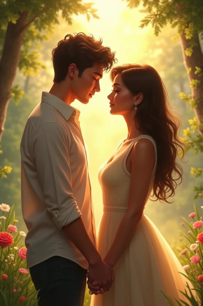 Imagine a young couple while holding hand and looking at each other