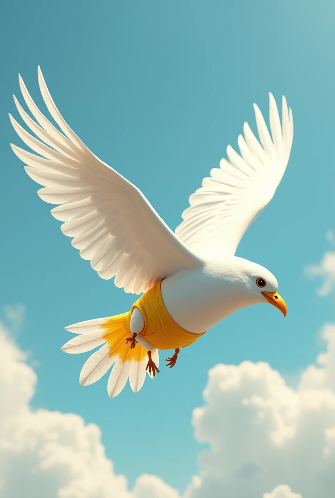 The white crow is flying recline wearing a yellow pamper