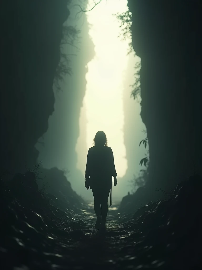 A person of indeterminate gender walking towards a distant, bright light. The figure is partially silhouetted against the light, creating a striking contrast with the surrounding darkness. The environment is shrouded in shadows, with barely visible details hinting at a mysterious, dimly lit path. The atmosphere is both serene and enigmatic, evoking a sense of journey and discovery, with the light representing hope or a new beginning.