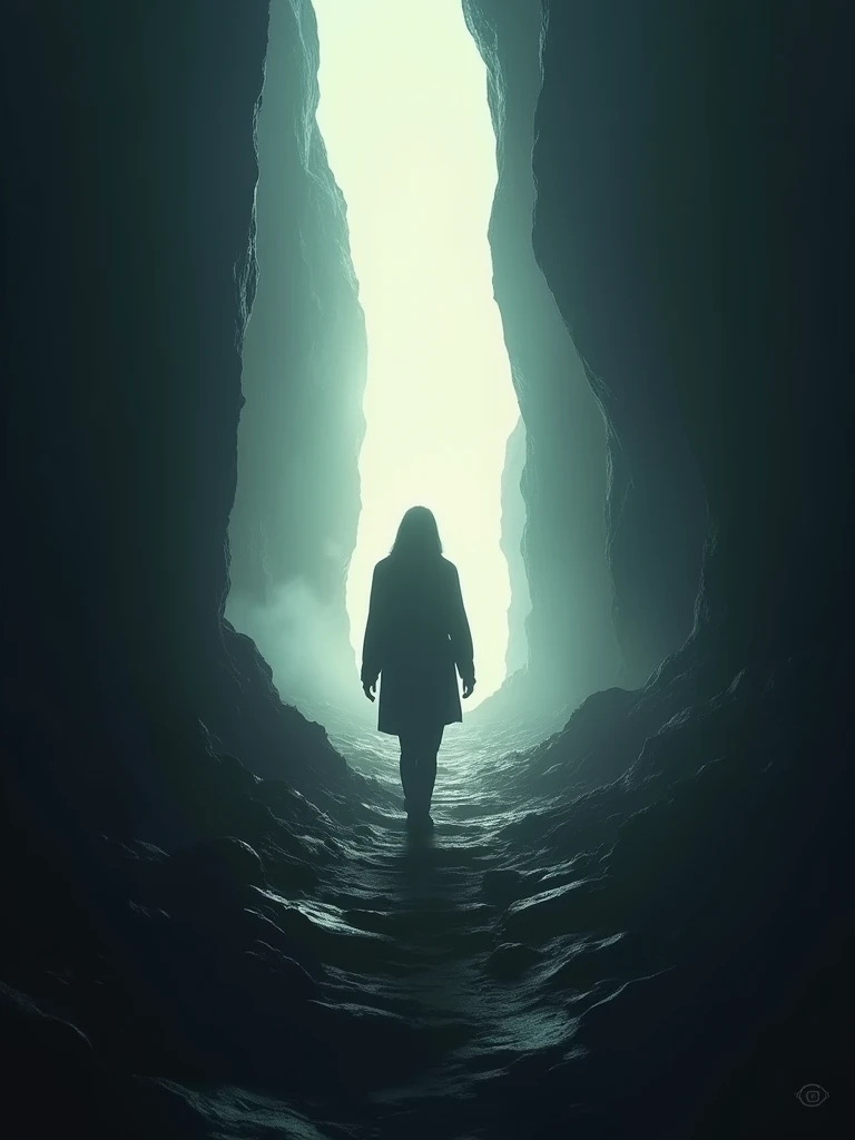 A person of indeterminate gender walking towards a distant, bright light. The figure is partially silhouetted against the light, creating a striking contrast with the surrounding darkness. The environment is shrouded in shadows, with barely visible details hinting at a mysterious, dimly lit path. The atmosphere is both serene and enigmatic, evoking a sense of journey and discovery, with the light representing hope or a new beginning.