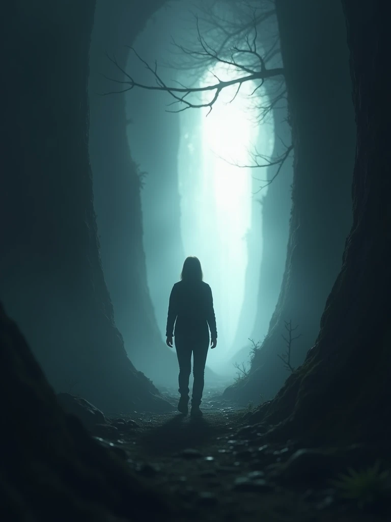 A person of indeterminate gender walking towards a distant, bright light. The figure is partially silhouetted against the light, creating a striking contrast with the surrounding darkness. The environment is shrouded in shadows, with barely visible details hinting at a mysterious, dimly lit path. The atmosphere is both serene and enigmatic, evoking a sense of journey and discovery, with the light representing hope or a new beginning.