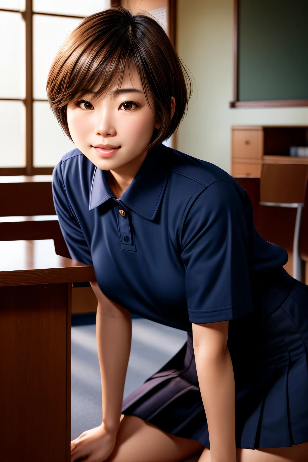 Highest quality, Face Focus, Soft Light, Ultra-high resolution, (Realistic:1.4), RAW Photos, 1 Japanese girl, alone, cute, (A shy smile:0.5), (Brown eyes, Light in your eyes), Beautiful face in every detail, (Small box),(High resolution detail of human skin texture), (Short Bob Hair), break, In the classroom,Navy uniform, Best, skirt