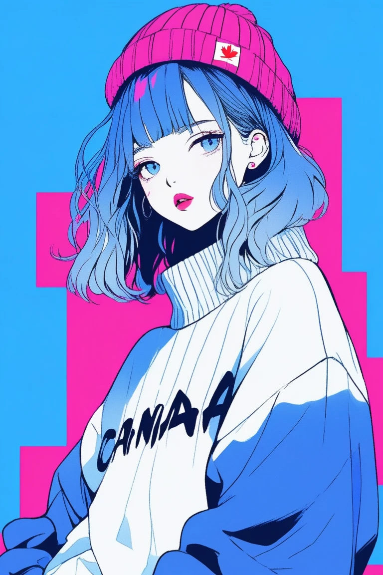 ilustrador, Japanese cartoons , Practical ,sketch , 1 girl, ,lips, sweater,Order, Blue gradient background, Neon hair,textured trim, Canada, (masterpiece,best quality) ganyou