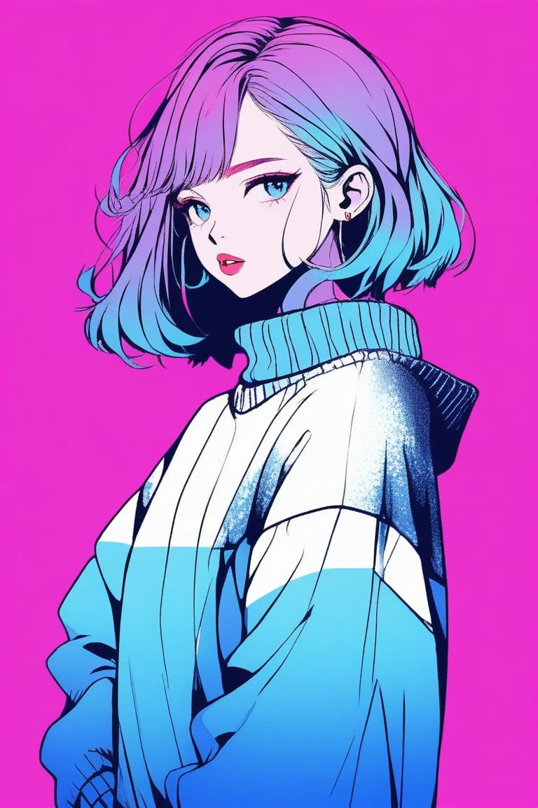 ilustrador, Japanese cartoons , Practical ,sketch , 1 girl, ,lips, sweater,Order, Blue gradient background, Neon hair,textured trim, Canada, (masterpiece,best quality) ganyou