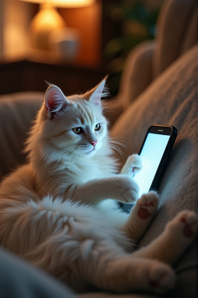 Beautiful cat playing cellphone on sofa 