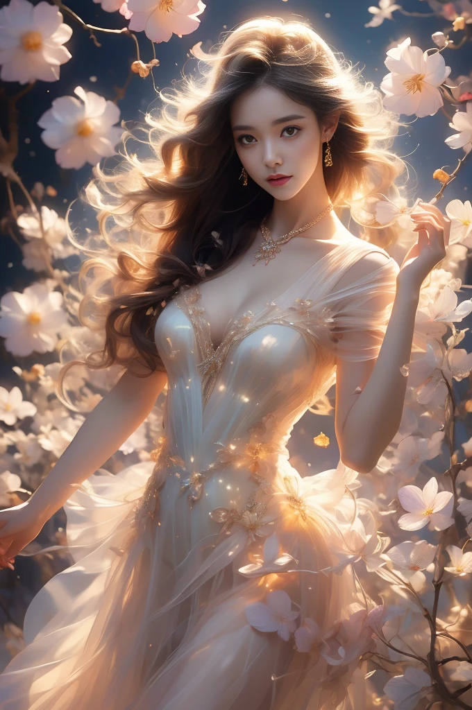 （Quality Improvement：1.4）， 1 girl, In the flowers, Full breasts，Visible cleavage，Sexy long legs，The skirt is very short，She gently lifted her skirt with one hand,Surrounded by white Phalaenopsis orchids，Lilac dendrobium、White Lily, Flying petals，（Top quality leather), Delicate face,Black Hair, Gradient hair, Body,（Body1.1）, He has a precious gem on his forehead..., brilliant student，Long eyelashes,Smile, Surrealism, Movie Lighting, Projection Insert, Surrealism, Ultra HD, masterpiece，lie，Keep dreaming，Open your legs slightly.，Tattoo，Fantasy Space，Luxurious space，Exquisite makeup，blush，Shy expression