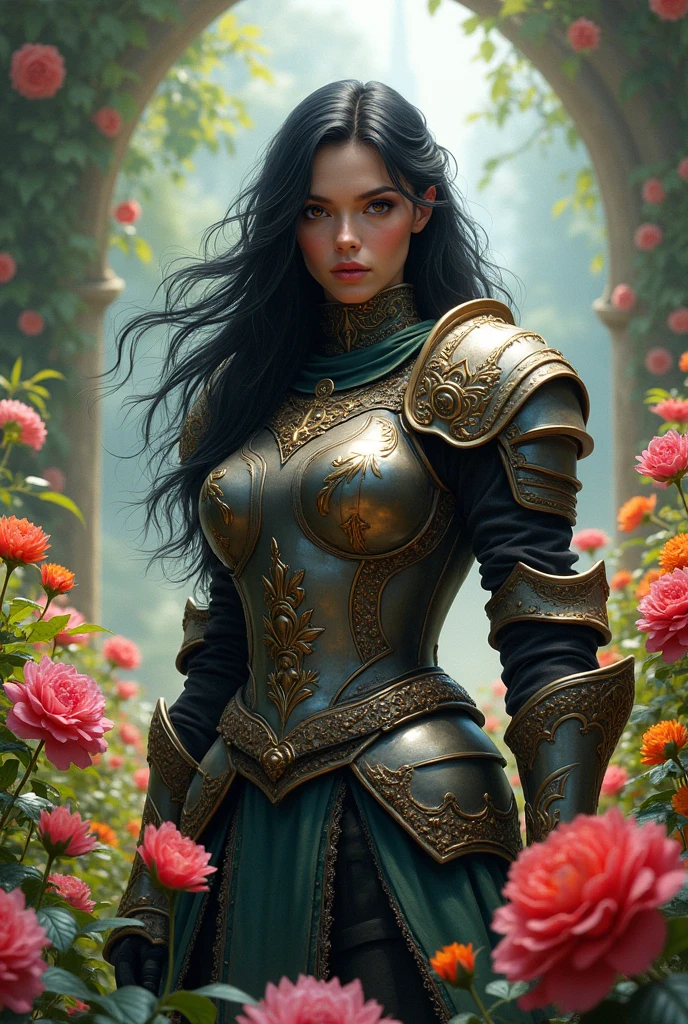 Woman in armor in a flower garden with emphasis on long black hair