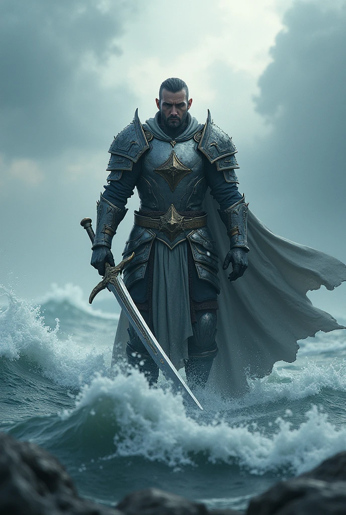 Warrior in the middle of the seas carrying a sword