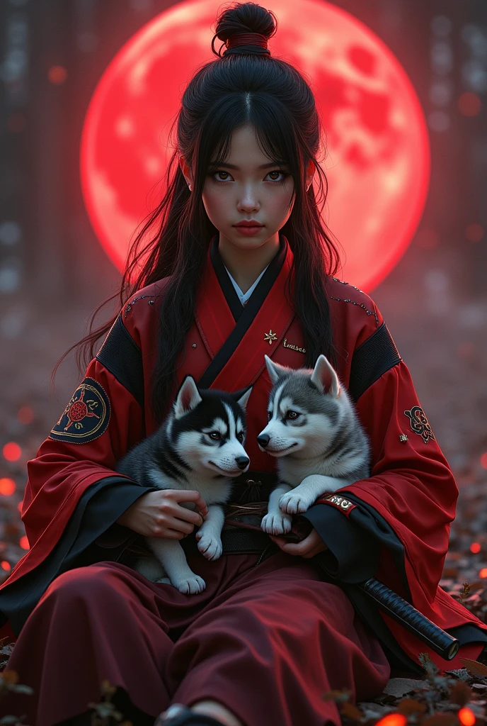 Beautiful samurai Asia girl with red and black outfit and she holding katana resting and the background is red moon and the name is on her Right chest sign "Aleaaa" and she holding husky puppies on her
