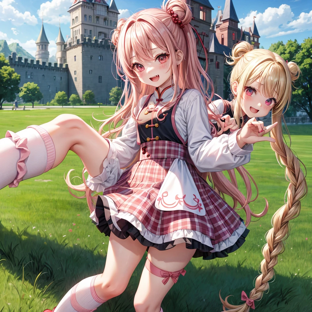 Pink Blonde、Red eyes、Wavy Hair、Hair tied up、Two cute、Checked mini skirt、China、Knee-high socks、Teeth are visible、Monster Castle、Tilting face、grass、There's a stake stuck in the ground、In front of the city gates、Underground tunnels、Iron suspension bridge、The stone is cracked、Giant wood、There is a step on the ground、Piglet、it's raining、Round Table、Cape