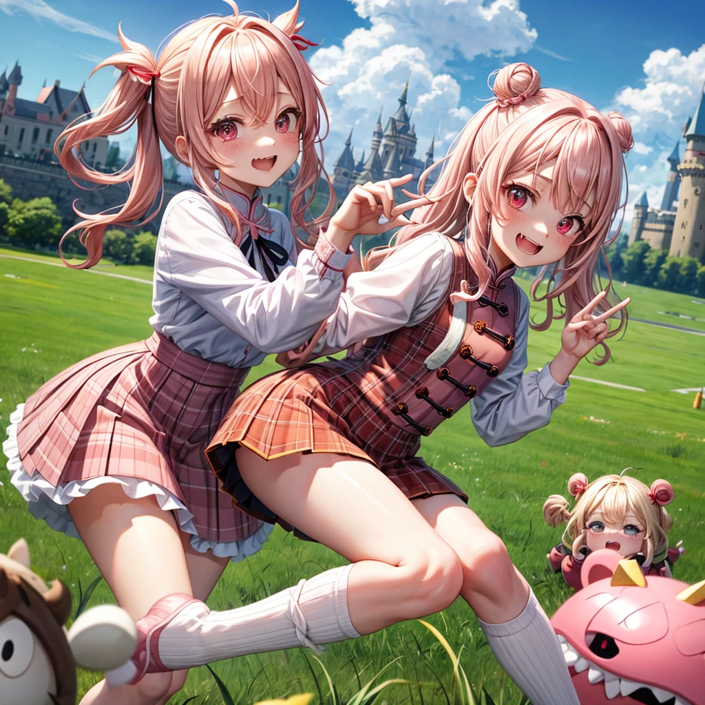 Pink Blonde、Red eyes、Wavy Hair、Hair tied up、Two cute、Checked mini skirt、China、Knee-high socks、Teeth are visible、Monster Castle、Tilting face、grass、There&#39;s a stake stuck in the ground、In front of the city gates、Underground tunnels、Iron suspension bridge、The stone is cracked、Giant wood、There is a step on the ground、Piglet、it&#39;s raining、Round Table、Cape