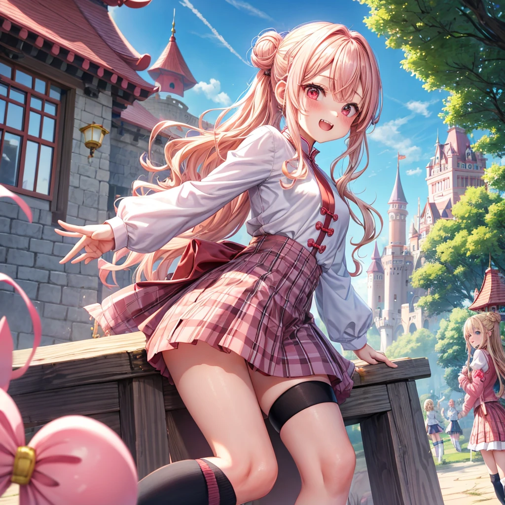 Pink Blonde、Red eyes、Wavy Hair、Hair tied up、Two cute、Checked mini skirt、China、Knee-high socks、Teeth are visible、Monster Castle、Tilting face、grass、There's a stake stuck in the ground、In front of the city gates、Underground tunnels、Iron suspension bridge、The stone is cracked、Giant wood、There is a step on the ground、Piglet、it's raining、Round Table、Cape
