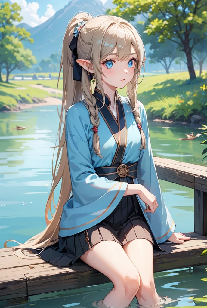 1 girl, solo, long hair, pointy ears, Best quality, Ponytail, Neat bangs, bronze hair with blue streaks, blue eyes, sitting by the lake, barefoot, a bunch of dragonflies, Pale face, Reflection,