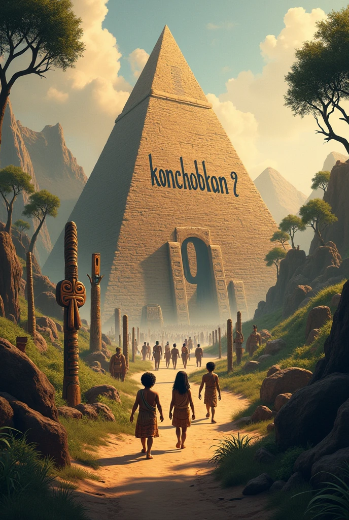 The words “KONCHOBKON 9” and “COMING SOON” are written in the middle and “20-22 DECEMBER 2024” is written below the image in the ancient THEME font. : TRIBE Tribes such as Egyptians, Pyramids and Native Americans Totem Pole Story: Many children were traveling to the camp, to the tribe, and saw a pyramid with the words KONCHOBKON 9 on it.