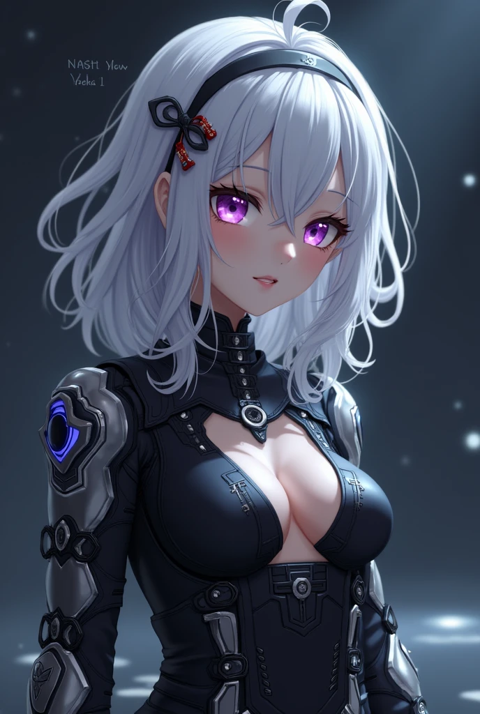 One girl,alone,View your viewers,medium hair,前hair,hairband,Purple eyes,hair ornament,hair between eyes,white hair,fluffy hair,big_chest,Blushing Shy,Shiny_skin,Very fine clothes,Extremely realistic texture,Highly detailed textures,Long eyelashes,Brown eye shadow, night,Dim Light,cyber punk,Mechanical Arm,Sci-fi style clothing,hair_Clamp,Metal material,realistic metallic texture,hand,handを挙げてください,