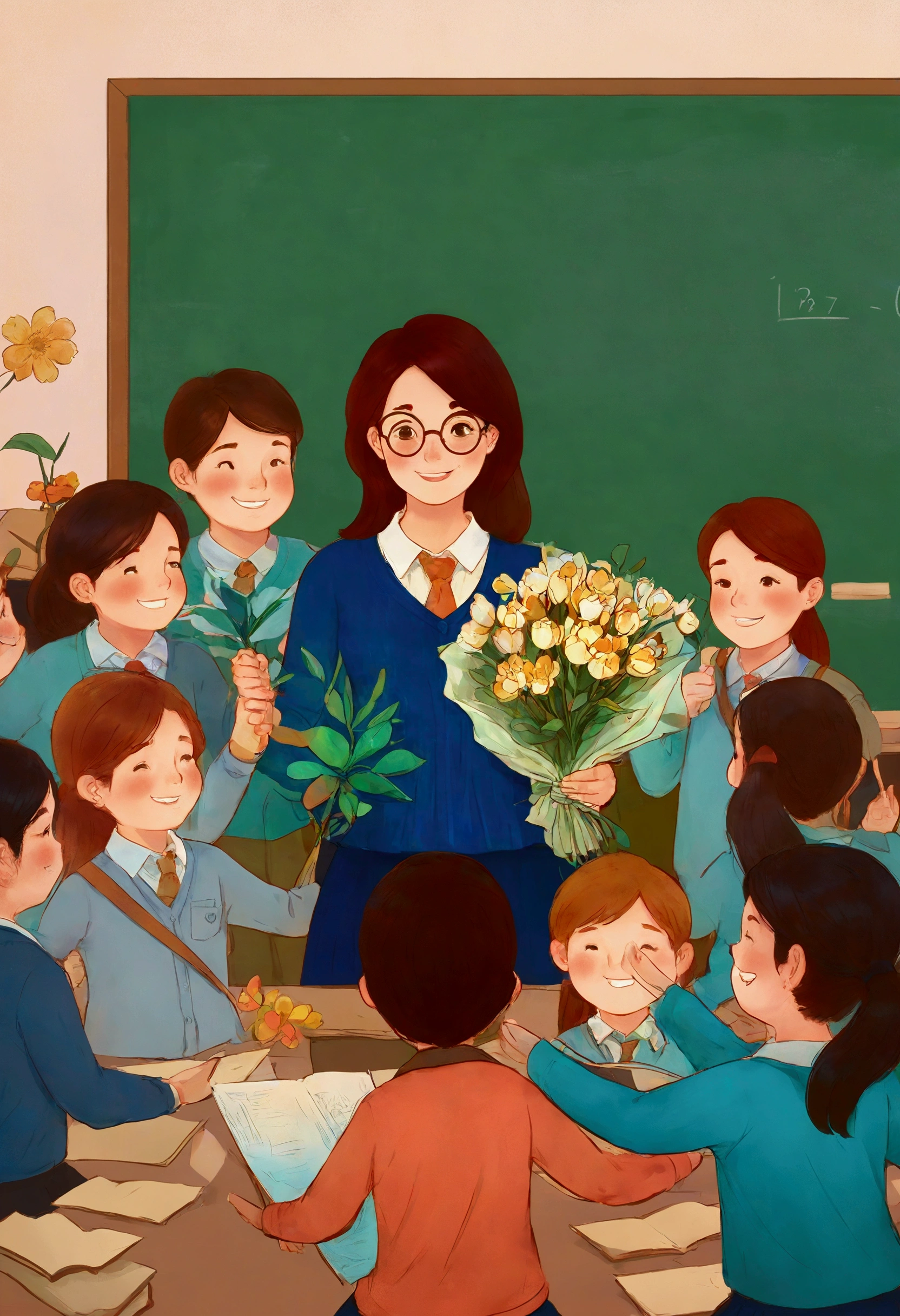 Teacher's Day illustration, a lovely teacher holding flowers, surrounded by a group of students, in a classroom