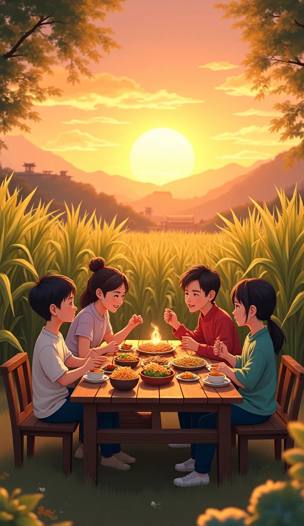 2D anime chinese dishes on wooden dinning table and chairs in field of corn , sunset time, old village vibes