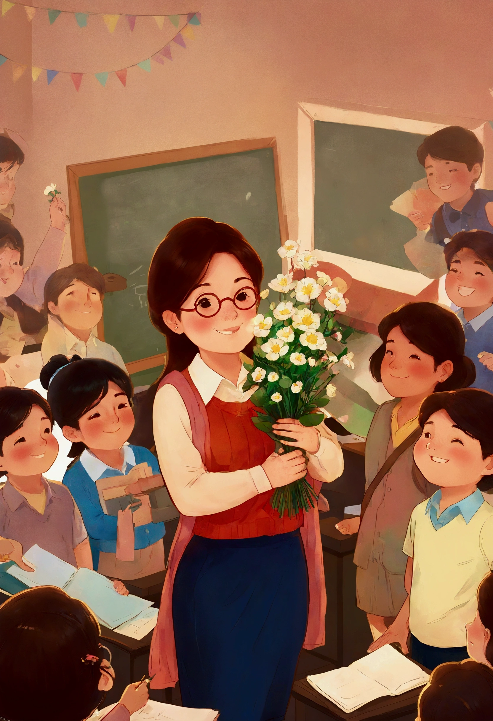 Teacher's Day illustration, a lovely teacher holding flowers, surrounded by a group of students, in a classroom