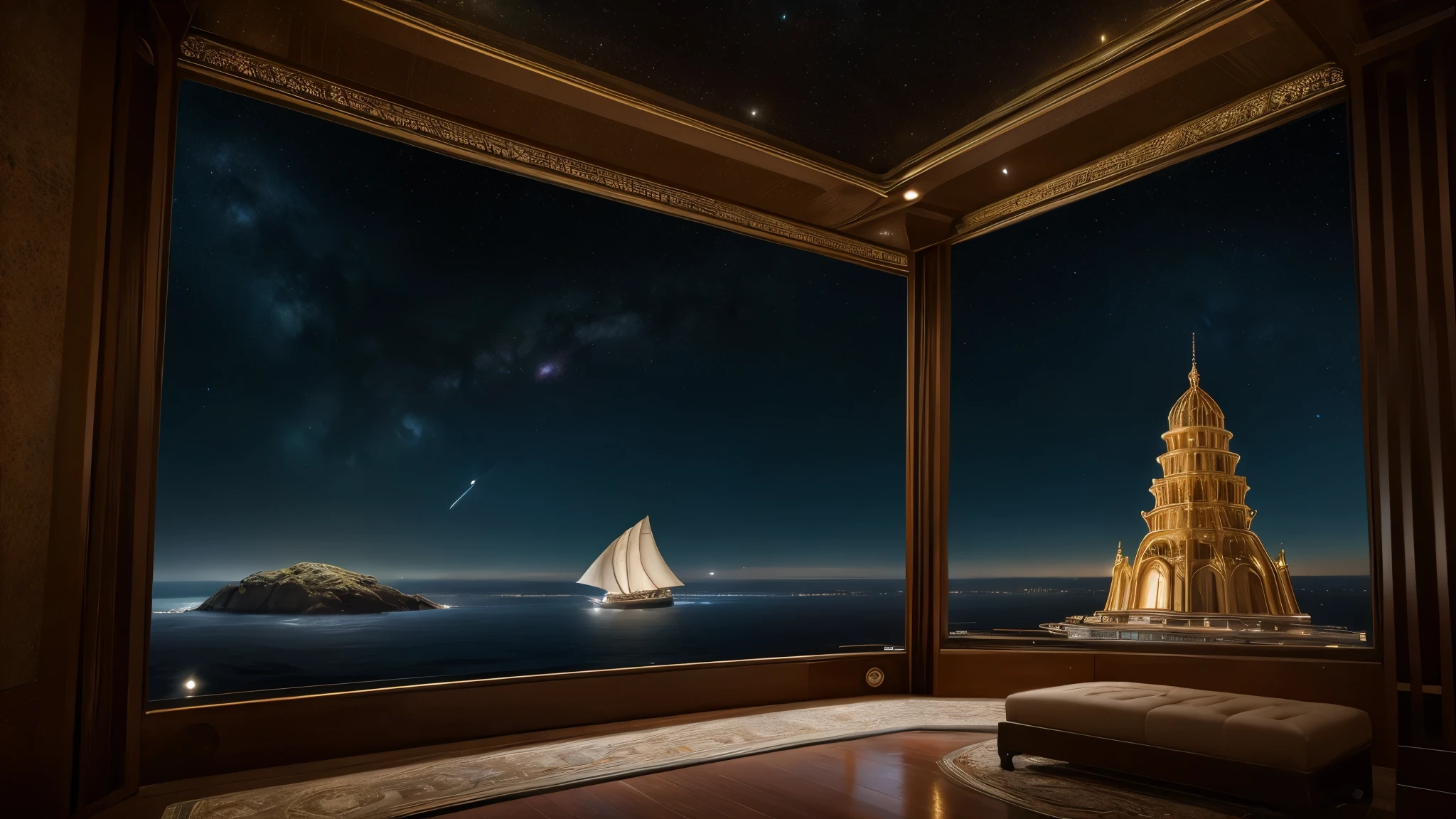 "An opulent space vessel with elegantly dressed figures in historical attire gazing out at the vastness of space. The figures stand by large windows, observing the distant stars, planets, and spaceships. The interior of the vessel is richly decorated, combining elements of classical elegance with advanced technology. The scene conveys a sense of exploration and wonder, blending the grandeur of a royal court with the vastness of the cosmos.", "size": "1024x1024" }
