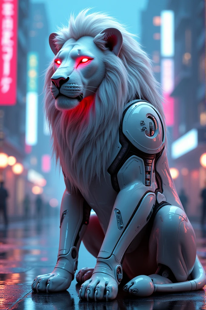 Lion in white glossy cyborg helmet and costume with red glowing eyes, sitting in cyberpunk neon city with blue and pink lights