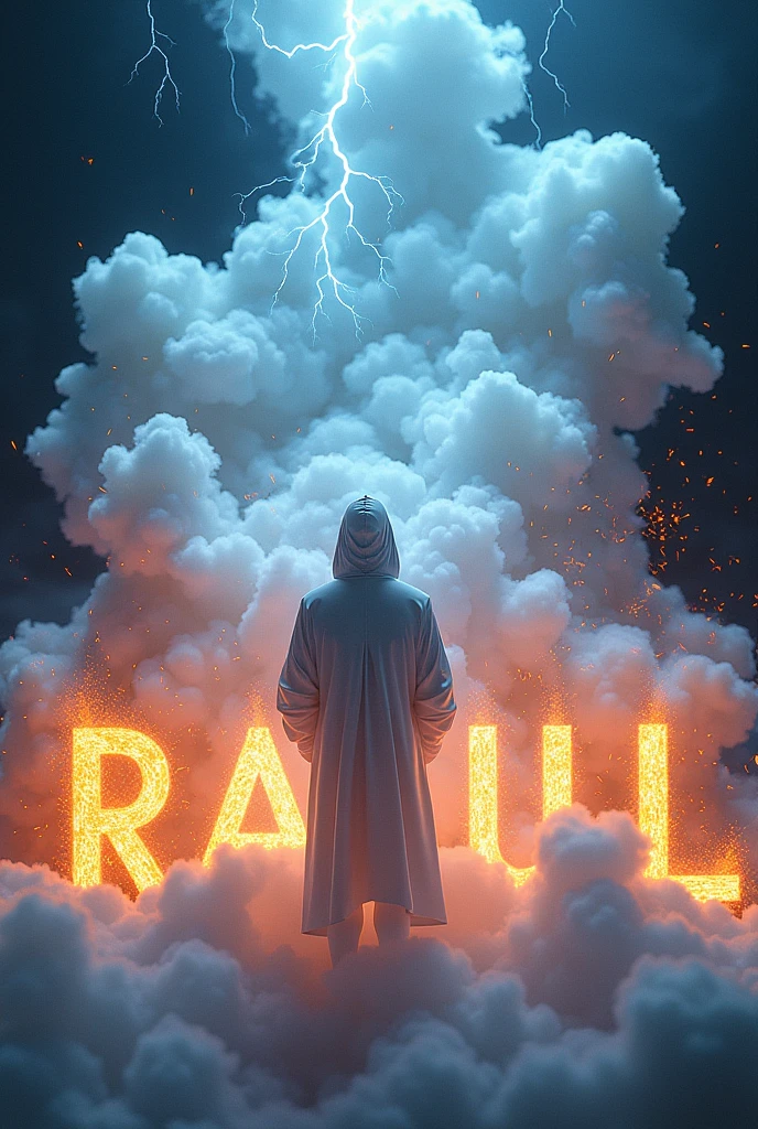 The name "Raoul" made with silver smoke, thunder and blue and gold fire and music notes, Big Drummer , white colors like, conceptual art, 3d render, vibrant