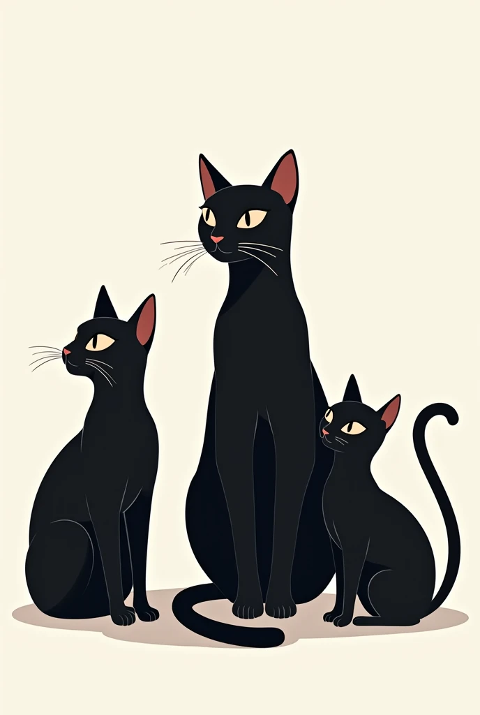 Flat vector illustration of 3 elegant black cats for social media
