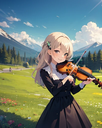 kawaii 1girl, violin playing, smile, slim, dress, outdoors, in nature, mountains, grassfield, flowers, sky, floating hair