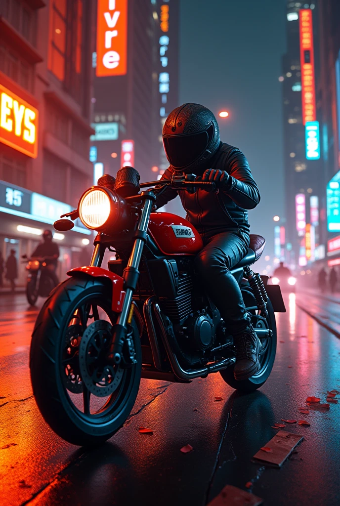 Yamaha rx100 in city in night cross anime  Orange neon lights