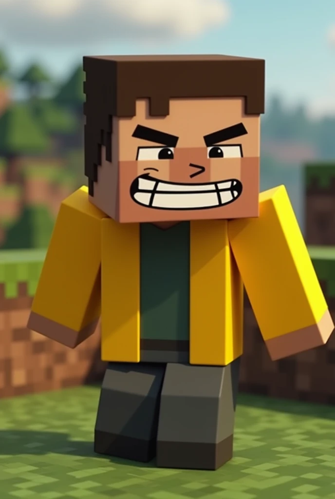 Trollface in minecraft style with yellow jacket, animated style