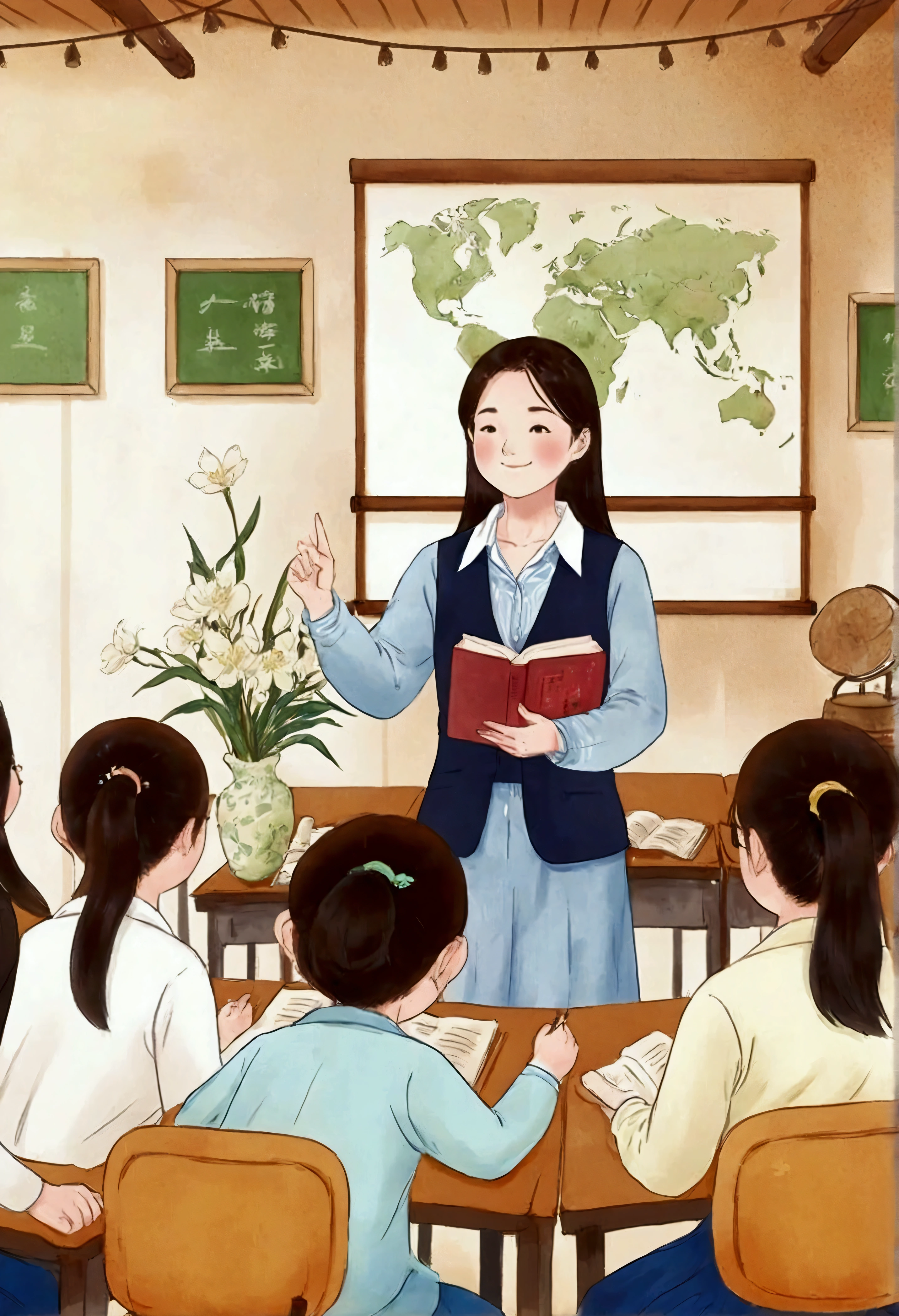  sunny day, a Chinese classroom,a female teacher,the female teacher is giving a lecture to students,holding a textbook in her hand, with an elegant figure,Asian Illustration style,the students are listening attentively,watercolor ink painting, 4K, Soft illuminaotion