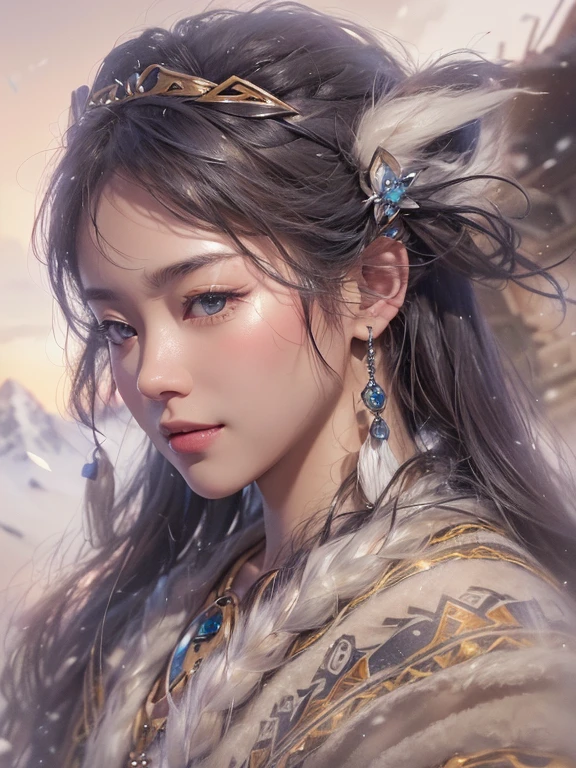 Hiding in the snowy mountains、Hair Flow、 ((Highest quality、masterpiece、8k、Best image quality、Ultra-high resolution、Award-winning works)、(Accurate anatomy:1.1)、(Look at me and smile:1.hining fair skin with Ultra-high resolution、The most detailed face、Ultra-high resolution detailed face、Ultra-high resolutionの髪の毛、(Ultra-high resolutionの煌めく瞳:1.1)、Beautiful face drawn in every detail、(Blurred Background:1.1)、Ancient Inuit clothing, Chest to chest, tattoo, Old ruins in the background、he'that'big, You have a real hawk on your shoulder..