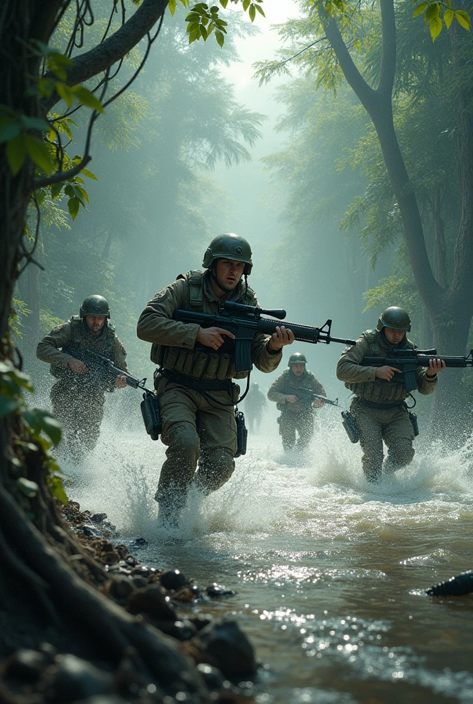 Some soldiers try to escape into the jungle, while others are dragged into the water.