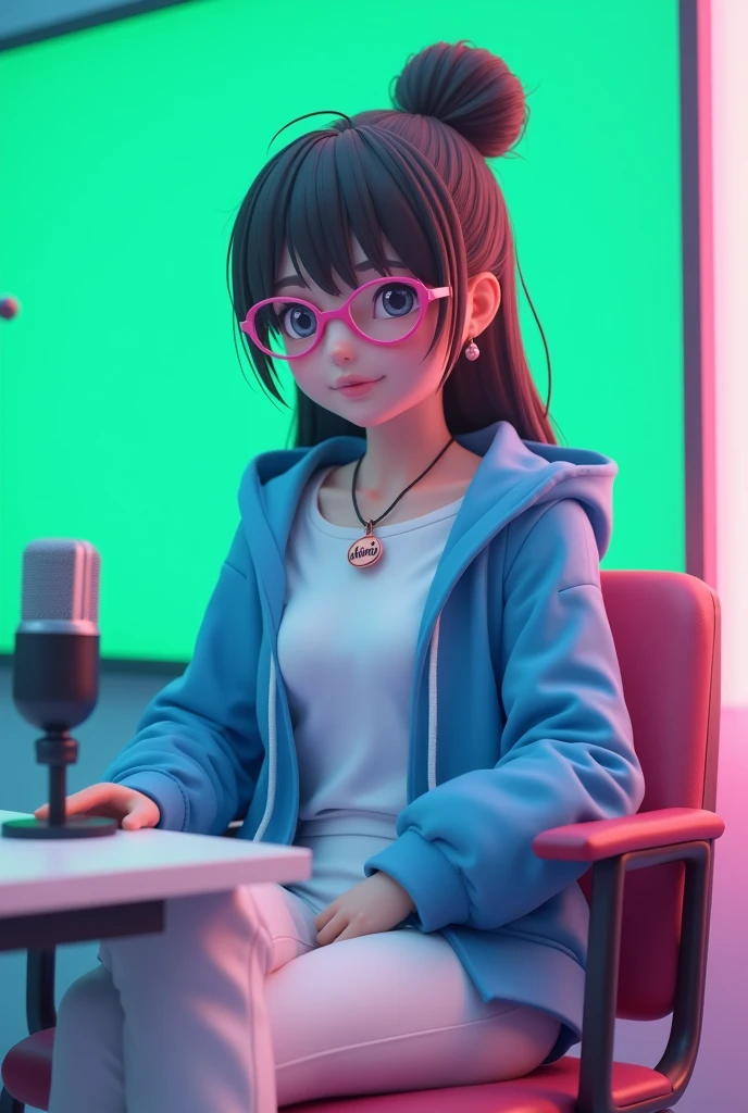 create a 3d Anime character and she was sitting straight on the chair with table her green screen background chain in her nevh with pandent written UKMON on it  she have a mic on table and she is wear a white tshirt with blue hoodie zip open with white trouser pink eye glass ang long tied bun hair and her position was straight and background light was blue and pink and aspect ratio is 16:9 for Youtube