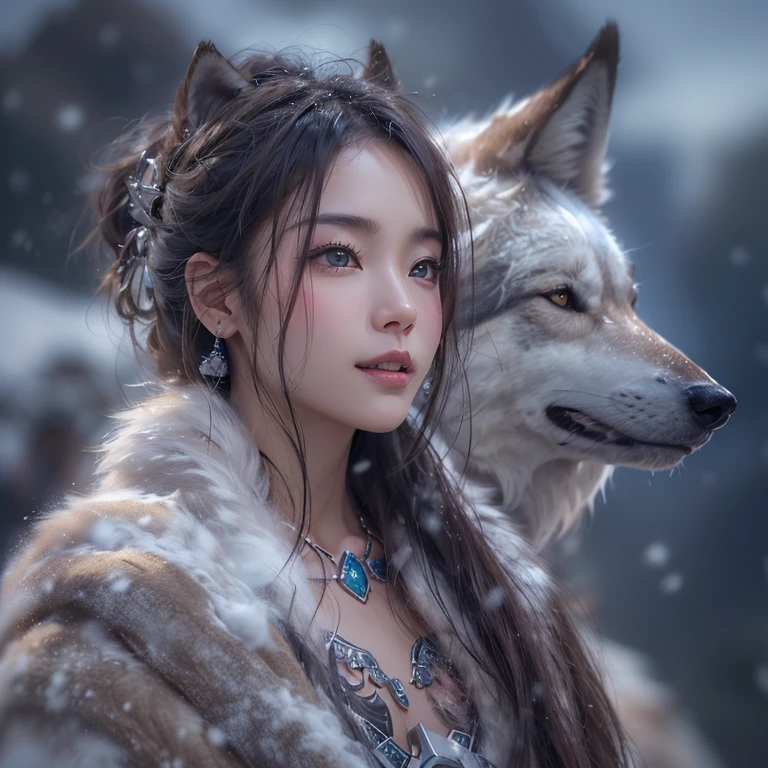 Hiding in the snowy mountains、Hair Flow、 ((Highest quality、masterpiece、8k、Best image quality、Ultra-high resolution、Award-winning works)、(Accurate anatomy:1.1)、(Look at me and smile:1.1)、Shining fair skin with Ultra-high resolution、The most detailed face、Ultra-high resolution detailed face、Ultra-high resolutionの髪の毛、(Ultra-high resolutionの煌めく瞳:1.1)、Beautiful face drawn in every detail、(Blurred Background:1.1)、Ancient Inuit clothing, Chest to chest, tattoo, Old ruins in the background、Other than actual wolves