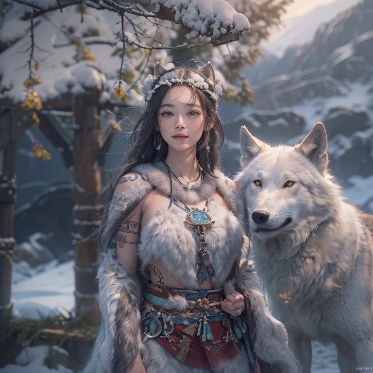 Hiding in the snowy mountains、Hair Flow、 ((Highest quality、masterpiece、8k、Best image quality、Ultra-high resolution、Award-winning works)、(Accurate anatomy:1.1)、(Look at me and smile:1.1)、Shining fair skin with Ultra-high resolution、The most detailed face、Ultra-high resolution detailed face、Ultra-high resolutionの髪の毛、(Ultra-high resolutionの煌めく瞳:1.1)、Beautiful face drawn in every detail、(Blurred Background:1.1)、Ancient Inuit clothing, Chest to chest, tattoo, Old ruins in the background、Other than actual wolves