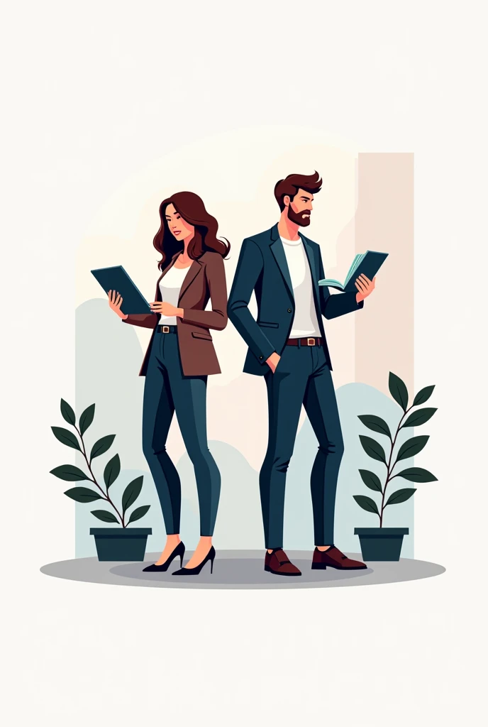 Unique aesthetic Logo for business finance with models wearing trendy clothes both male and female and studying for work