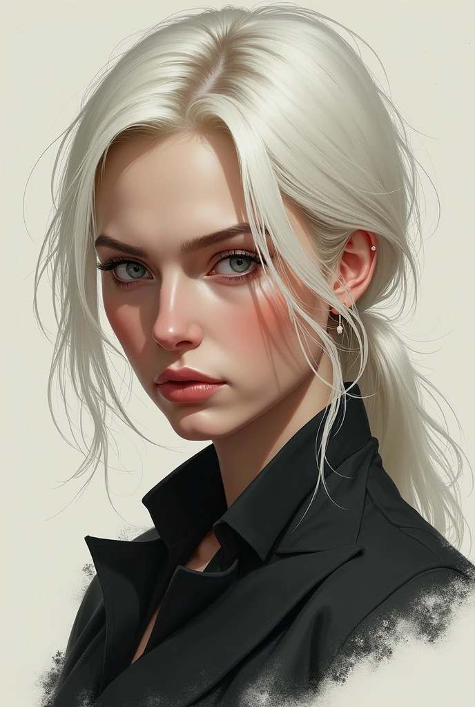 A Russian woman with almost white blond hair. Grey eyes. Stern expression, doesn't smile. 2D colored pencil brush stroke style, not realistic