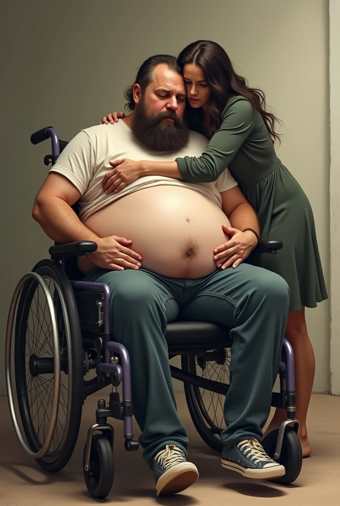 A very young man in a wheelchair. He looks sad. A women is hugging his very big belly. His belly is so big that it fills out the wheelchair. The man has no beard. She sits in front of him. The women is trying to hug him but his belly is too big.