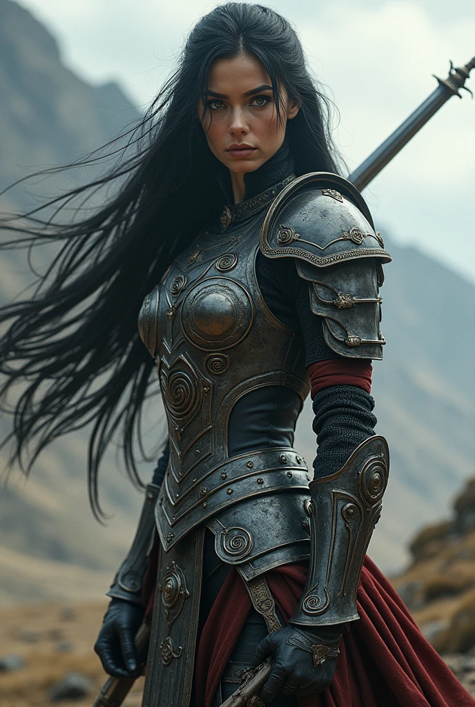Woman in armor holding her long sword with emphasis on her long black hair with realistic details