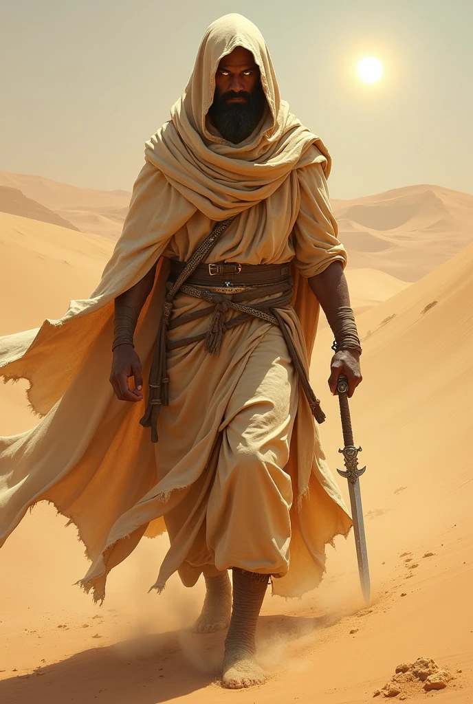 A full-body portrait of "Desert Shade," a warrior who blends into the sands of the desert. He is cloaked in robes of shifting sand colors, with a hood that partially obscures his face. His skin has a sandy texture, and his eyes glow with a faint golden light. In his hand, he wields a scimitar made of hardened sand, and around him, the air swirls with fine grains of sand, as if he is summoning a sandstorm. The background is a vast desert, with dunes stretching into the horizon and a hot sun beating down.