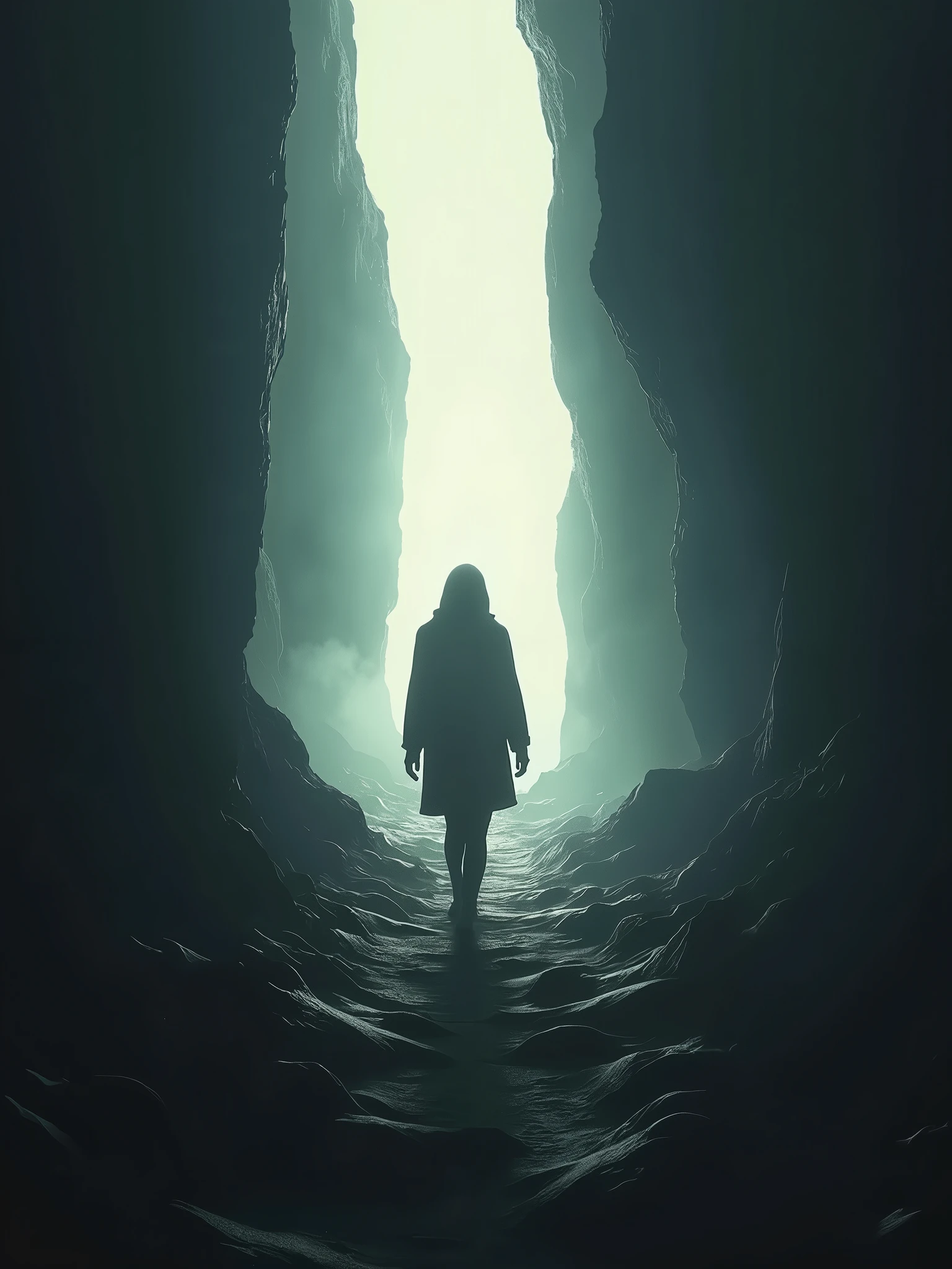 A person of indeterminate gender walking towards a distant, bright light. The figure is partially silhouetted against the light, creating a striking contrast with the surrounding darkness. The environment is shrouded in shadows, with barely visible details hinting at a mysterious, dimly lit path. The atmosphere is both serene and enigmatic, evoking a sense of journey and discovery, with the light representing hope or a new beginning.