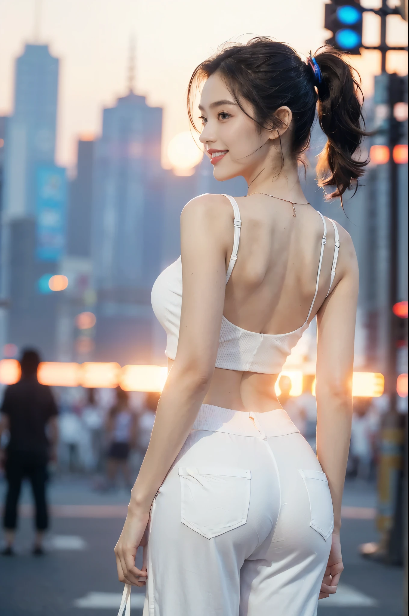 (((best quality))),(((ultra detailed))),(((masterpiece))),illustration,((1 beautiful girl,solo)),((short half ponytail,short hair)),(fair skin:1.3),(detailed eyes:1.3),(smile:1.3),((slim,thin)),((bare back,towering hips,butt crack)), (white shirt:1.3), (white sports pants:1.3),(standing:1.3),((vibrant colors, soft glow)), (active and healthy lifestyle,youthful charm),((on the street,cyberpunk city, towering skyscrapers)),(warm sunset glow:1.3),(detailed background:1.3),((vivid neon signs, holographic advertisements, electric atmosphere)),(outdoor:1.3),((summer,dusk scene)),((from back,upper body))