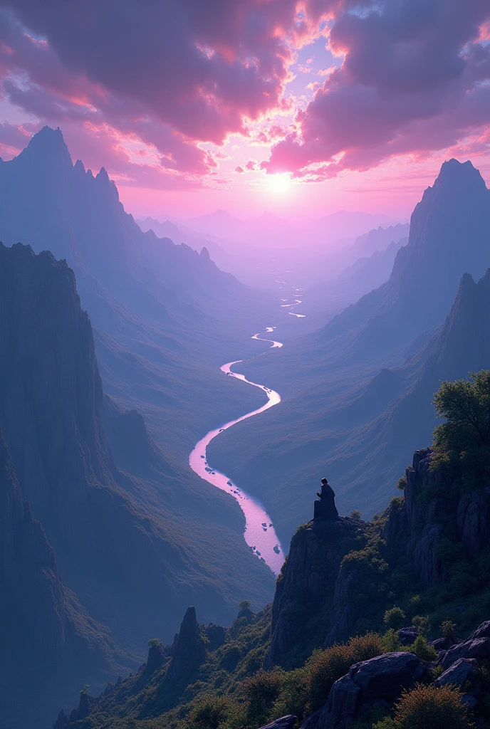 a wiew of a vast landscape panorama. ((changing, knowledge, defiance, plotting, foreseeing)),((violet,blue,purple)).((deep wiew)),photographic,ultra high resolution,hyperdetailed, masterpiece, 3d modelling, digital art.