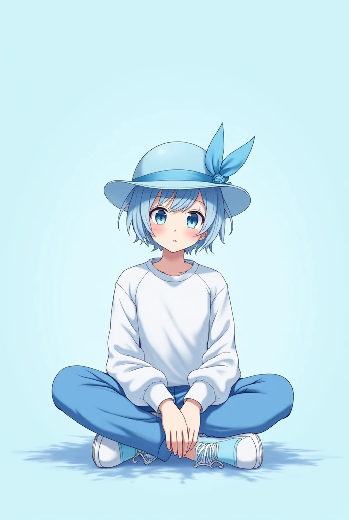 Male anime character with light blue hair, Light blue hat with ribbon on the back, White shirt and light blue sweatshirt, Light blue pants and light blue shoes, Sitting cross-legged pose, And a light blue background.