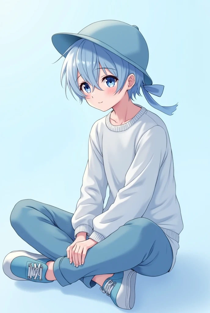 Male anime character with light blue hair, Light blue hat with ribbon on the back, White shirt and light blue sweatshirt, Light blue pants and light blue shoes, Sitting cross-legged pose, And a light blue background.