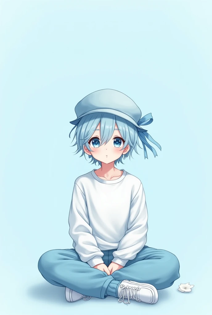 Male anime character with light blue hair, Light blue hat with ribbon on the back, White shirt and light blue sweatshirt, Light blue pants and light blue shoes, Sitting cross-legged pose, And a light blue background.