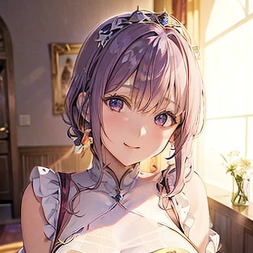 Young princess, slender girl, light purple hair, side ponytail, princess crown, purple eyes, sheer white dress, huge breasts, Middle Ages, gentle smile, sunlight, walking in the castle, lewd