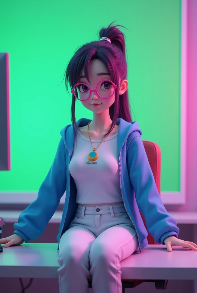 create a 3d Anime character and she was sitting straight on the chair with table her green screen background chain in her nevh with pandent written UKMON on it she have a mic on table and she is wear a white tshirt with blue hoodie zip open with white trouser pink eye glass ang long tied bun hair and her position was straight and background light was blue and pink and aspect ratio is 16:9 for Youtube