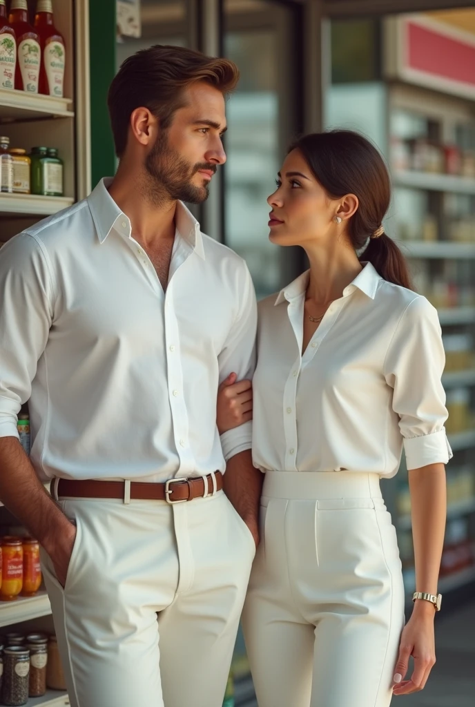 a europe gentle man dressed in a crisp white shirt and pants, the man's hair is brown short and neatly combed back is going to a convenience store with a lady wears white shirt