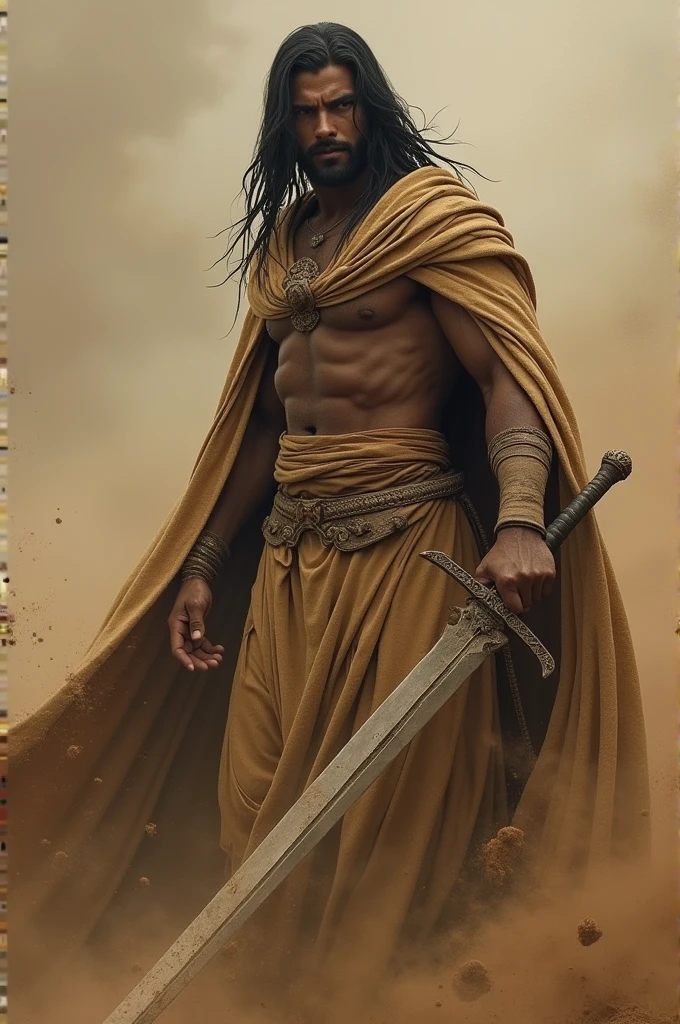 A man born from dust, with a cloak. He is brown and has long black hair and a beautiful body and a combination of dirt and a sword that creates a big earthquake and inside his sword is a line through which the dirt passes. He is wearing a dress that is made of stone, and inside the dress there is a line through which dirt flows.